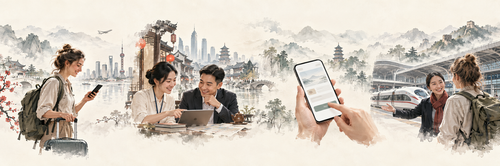A traveler messages, meets an agent, pays, and receives local help across China